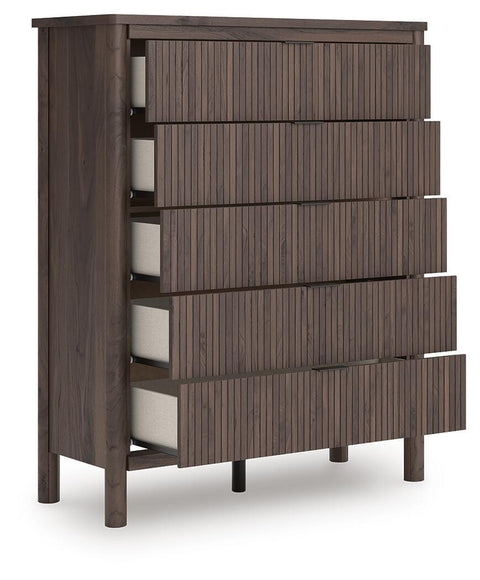 Pamytta Upholstered Panel Platform Bed, Dresser, Mirror, Chest and Nightstand