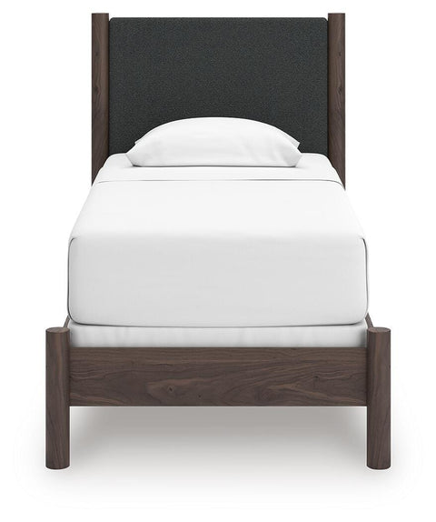 Pamytta Upholstered Panel Bed, Dresser, Mirror and Nightstand