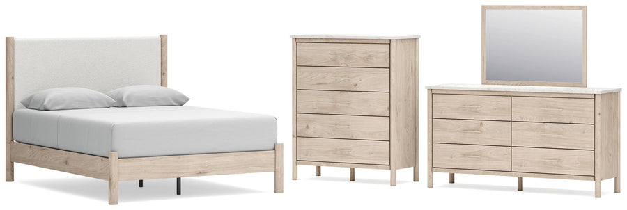 Cadmori Upholstered Panel Bed with Mirrored Dresser and Chest