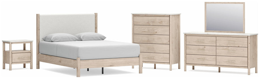 Cadmori Upholstered Panel Bed with Mirrored Dresser, Chest and Nightstand