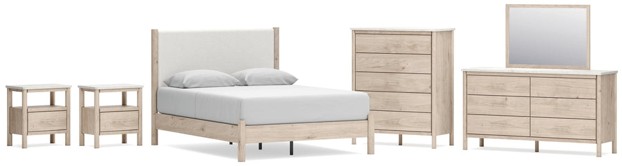 Cadmori Upholstered Panel Bed, Dresser, Mirror, Chest and 2 Nightstands