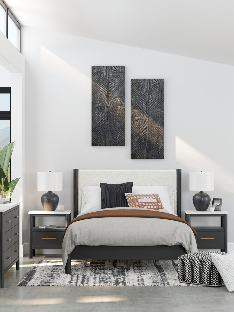 Cadmori Upholstered Panel Bed, Dresser, Mirror and 2 Nightstands