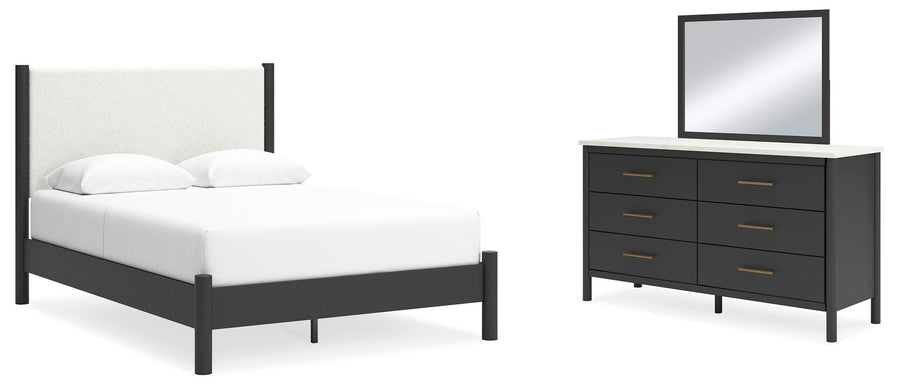 Cadmori Upholstered Panel Bed, Dresser and Mirror