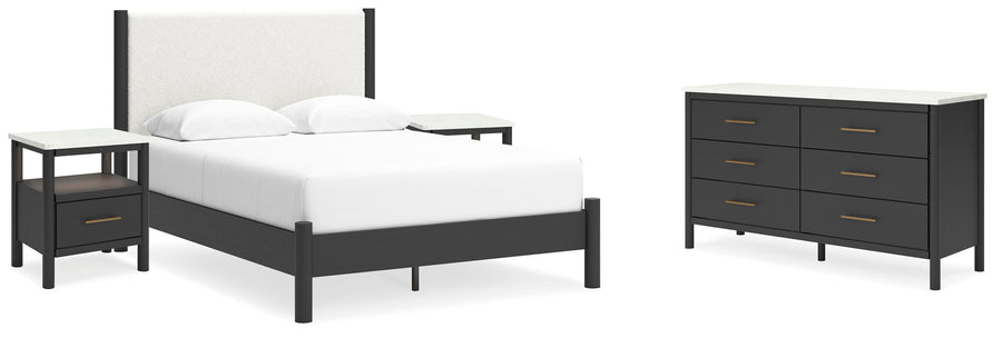 Cadmori Upholstered Panel Bed, Dresser and 2 Nightstands