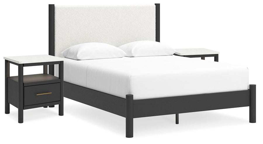 Cadmori Upholstered Panel Bed and 2 Nightstands