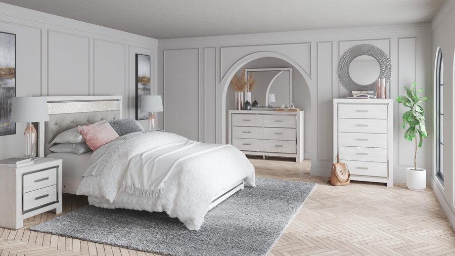 Altyra Upholstered Panel Bed, Dresser, Mirror, and Chest