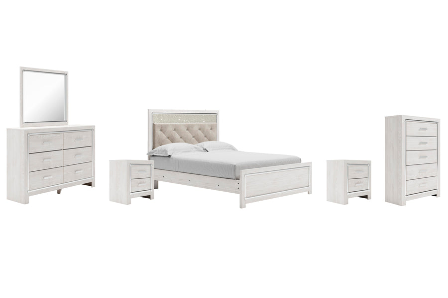 Altyra Upholstered Panel Bed, Dresser, Mirror, Chest and 2 Nightstands