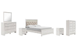 Altyra Upholstered Panel Bed, Dresser, Mirror, Chest and 2 Nightstands