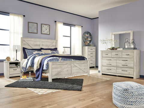 Bellaby Crossbuck Panel Bed with Mirrored Dresser, Chest and 2 Nightstands