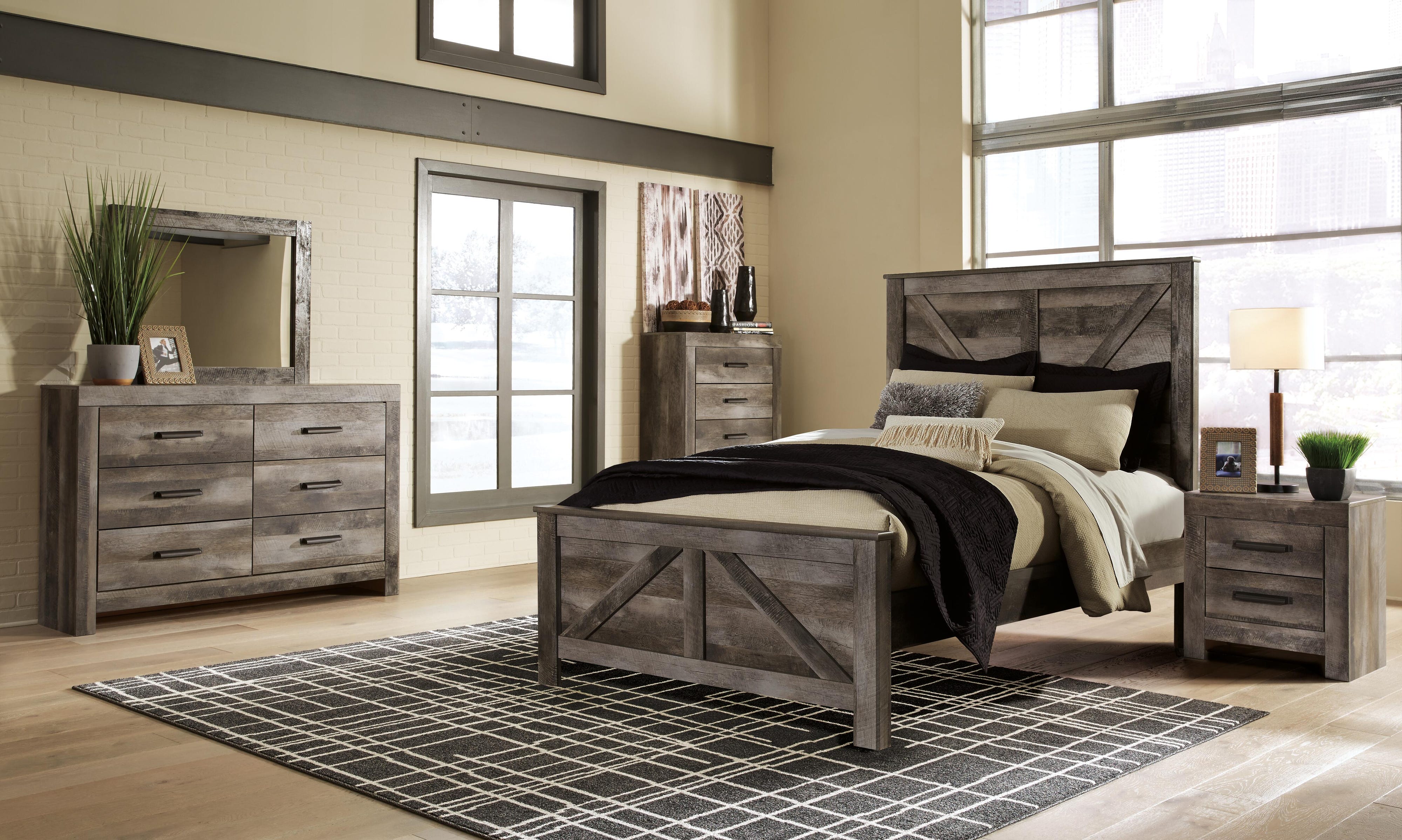 Wynnlow Crossbuck Panel Bed with Mirrored Dresser, Chest and 2 Nightstands