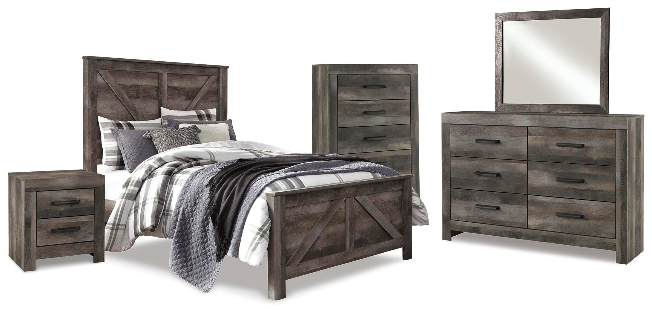 Wynnlow Crossbuck Panel Bed with Mirrored Dresser, Chest and Nightstand