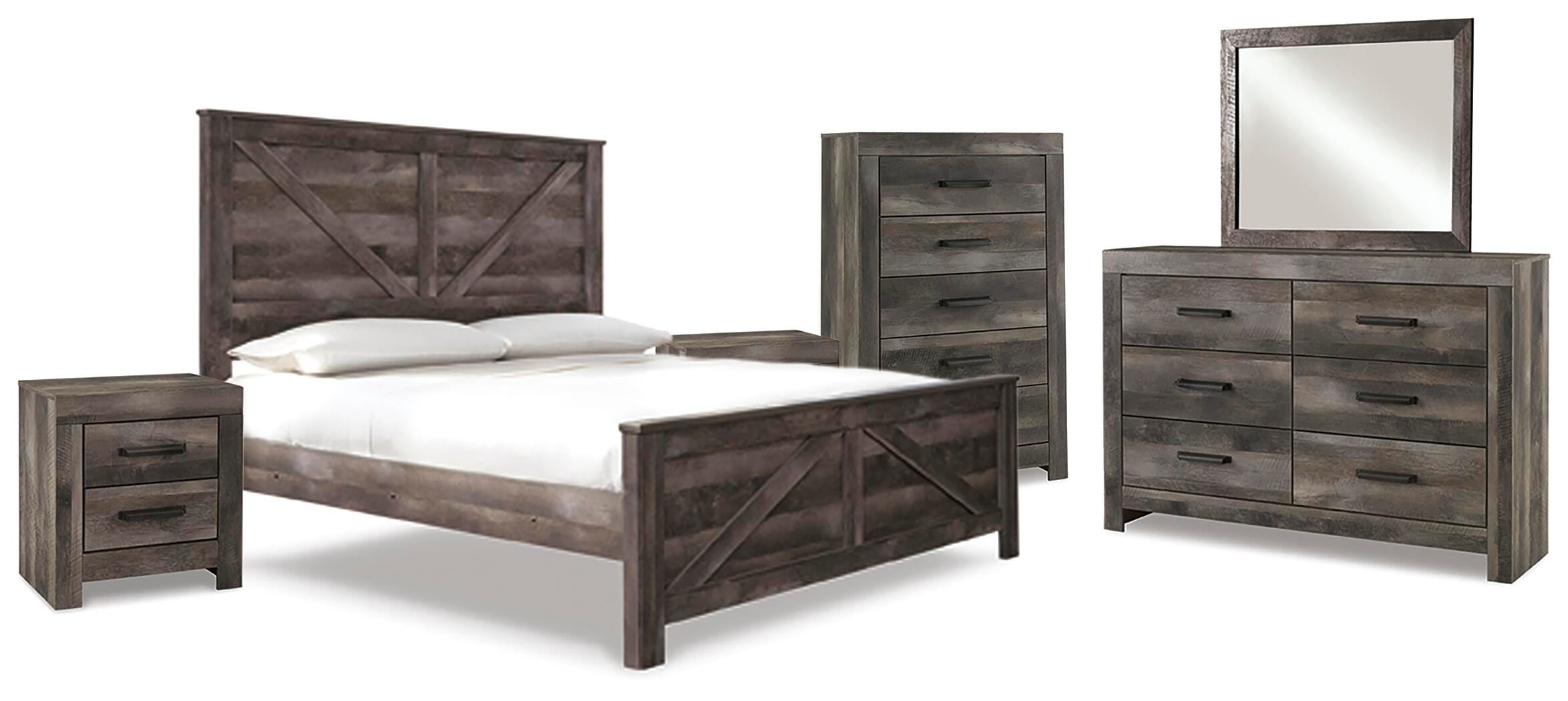 Wynnlow Crossbuck Panel Bed with Mirrored Dresser, Chest and 2 Nightstands