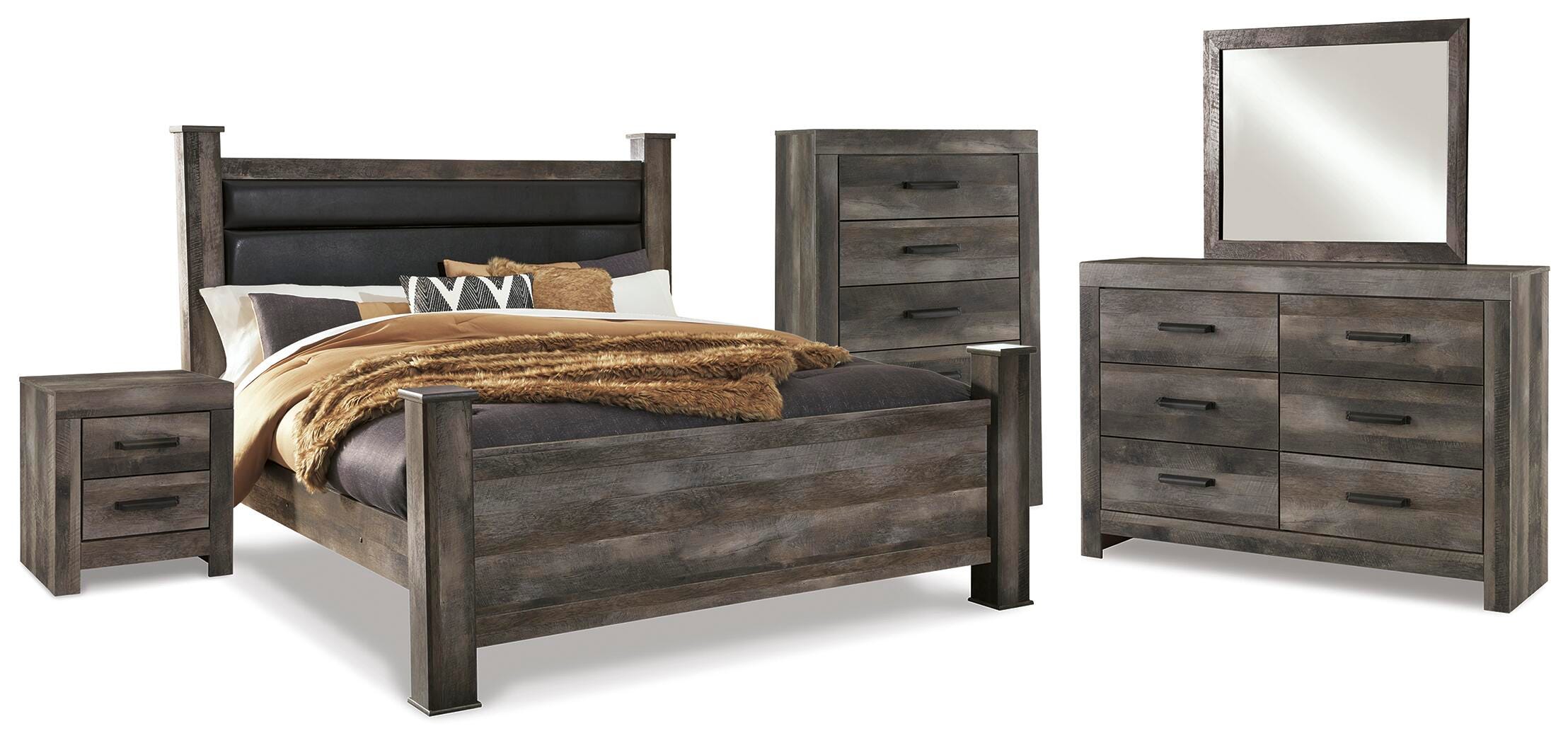 Wynnlow Upholstered Poster Bed, Dresser, Mirror, Chest and Nightstand
