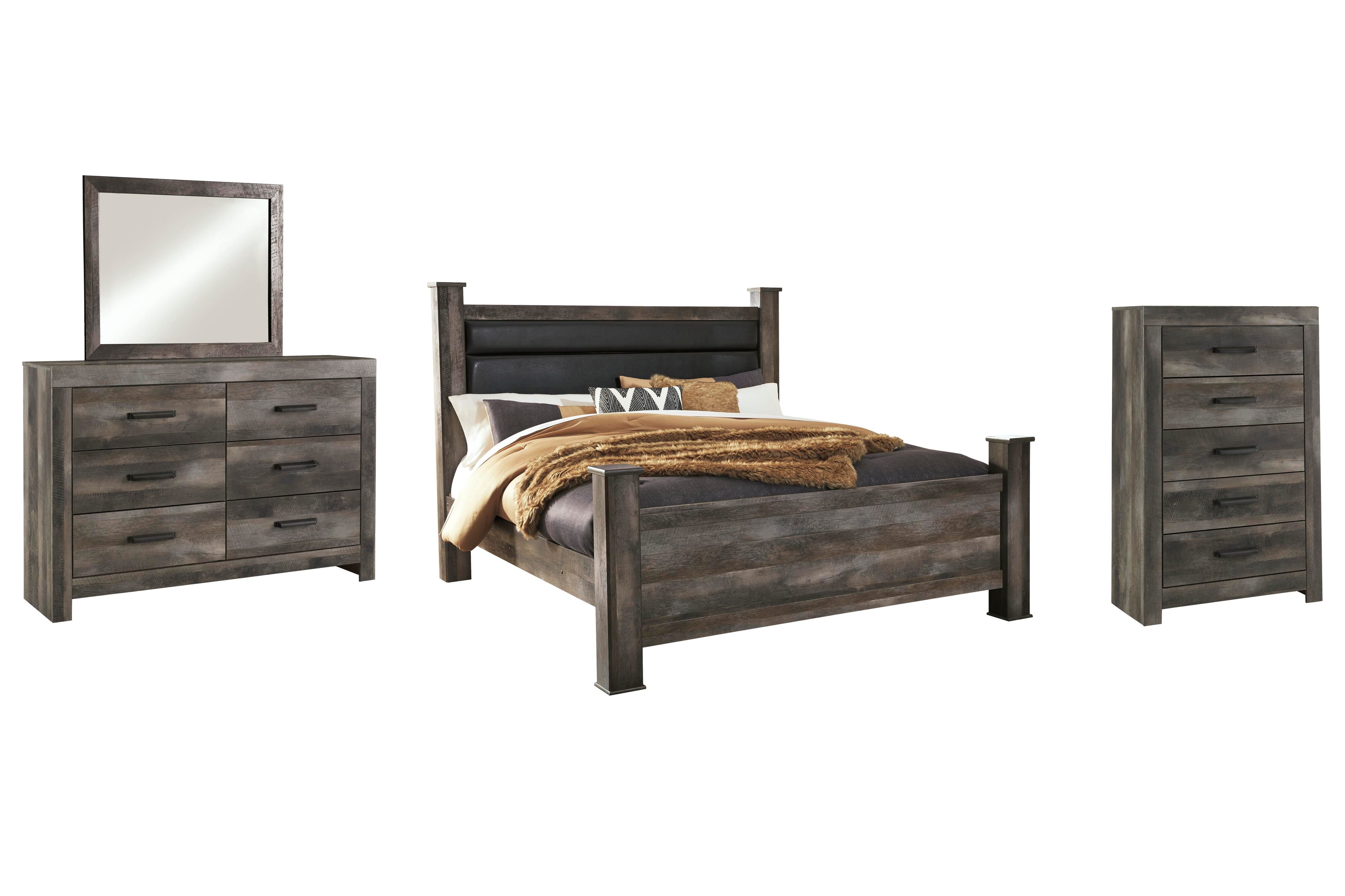 Wynnlow Upholstered Poster Bed, Dresser, Mirror and Chest