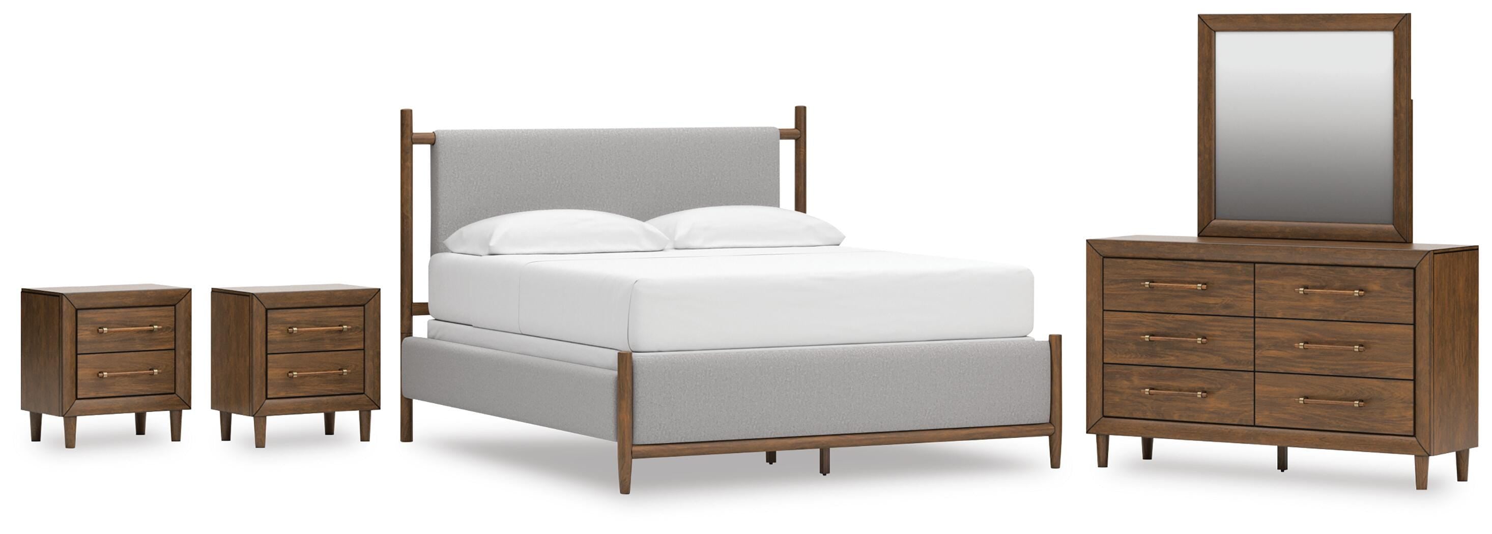 Lyncott Upholstered Bed, Dresser, Mirror and 2 Nightstands