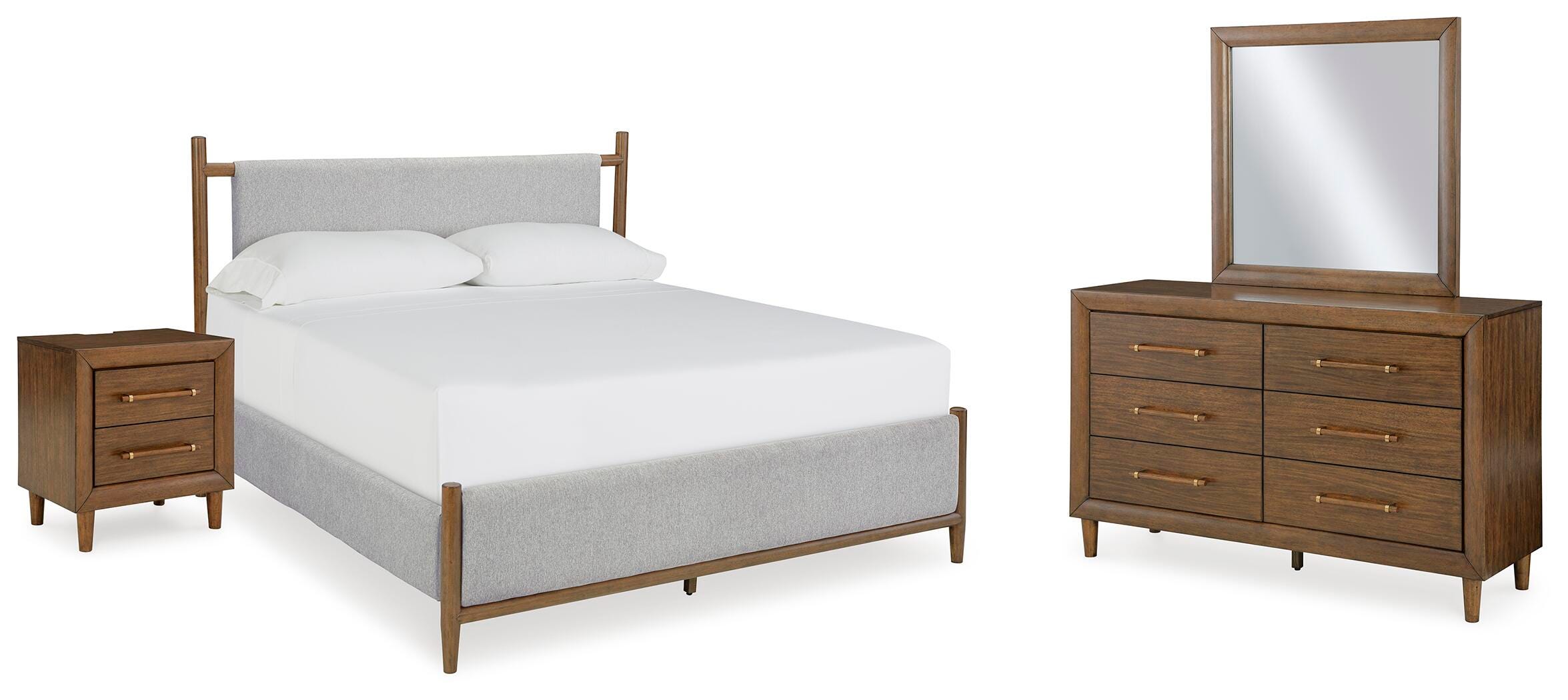 Lyncott Upholstered Bed, Dresser, Mirror and Nightstand