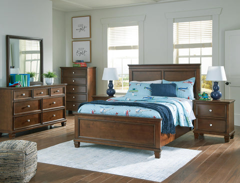 Danabrin Panel Bed with Mirrored Dresser and Chest