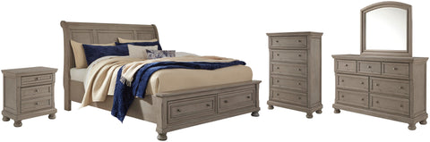 Lettner Sleigh Bed with 2 Storage Drawers with Mirrored Dresser, Chest and Nightstand