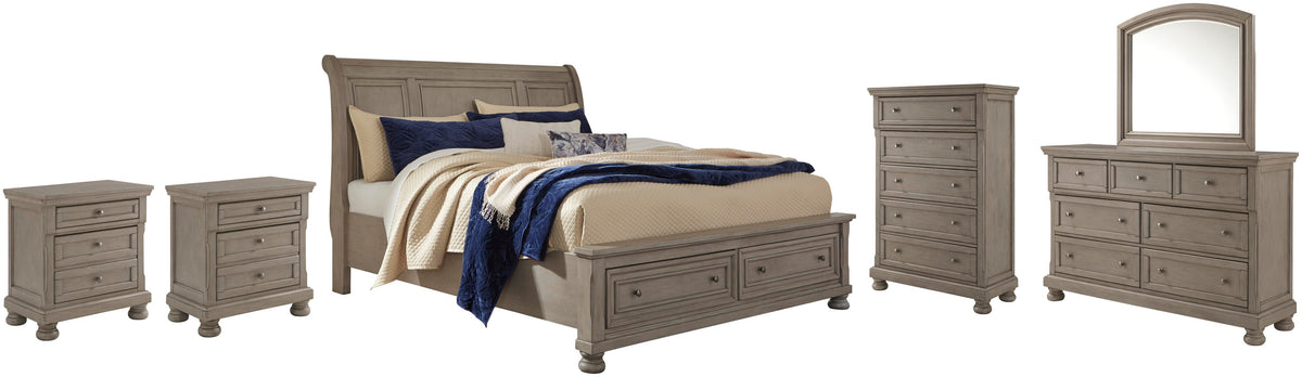Lettner Sleigh Bed with 2 Storage Drawers with Mirrored Dresser, Chest and 2 Nightstands