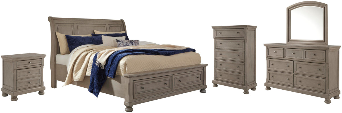 Lettner Sleigh Bed with Mirrored Dresser, Chest and Nightstand