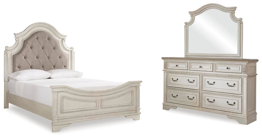 Realyn Upholstered Panel Bed, Dresser and Mirror