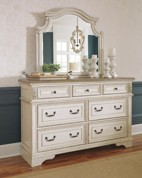 Realyn Upholstered Panel Bed, Dresser, Mirror and Nightstand