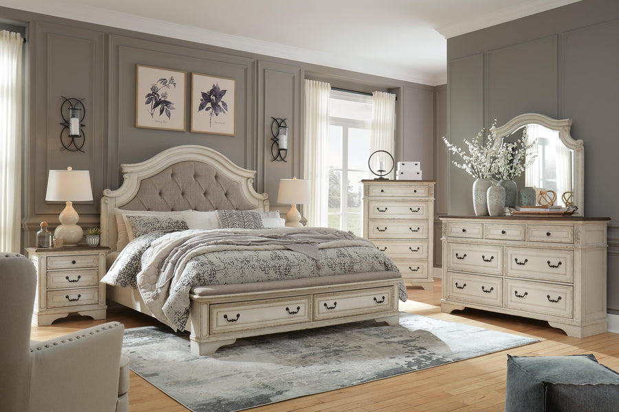 Realyn Upholstered Bed with Mirrored Dresser
