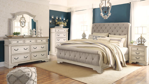 Realyn Upholstered Sleigh Bed, Dresser, Mirror and 2 Nightstands