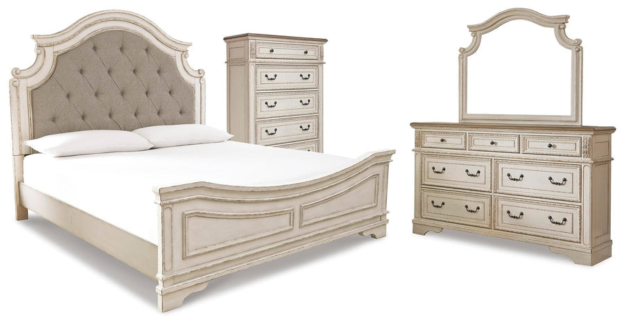 Realyn Panel Bed, Dresser, Mirror and Chest