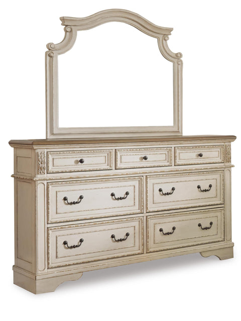 Realyn Upholstered Panel Bed with Mirrored Dresser, Chest and 2 Nightstands