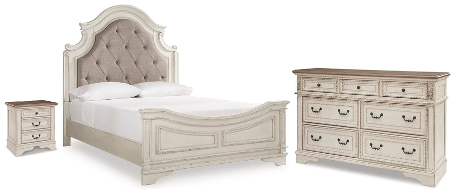 Realyn Upholstered Panel Bed, Dresser and Nightstand