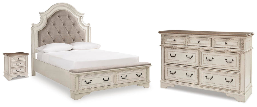 Realyn Upholstered Storage Bed, Dresser and Nightstand