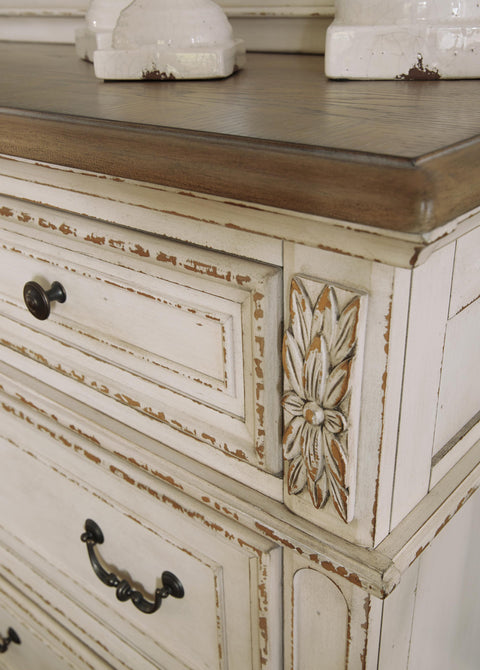 Realyn Upholstered Panel Bed, Dresser, Mirror and Nightstand