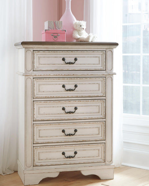 Realyn Upholstered Panel Bed, Dresser, Mirror, Chest and 2 Nightstands