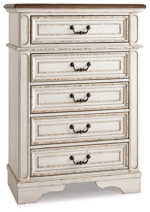 Realyn Upholstered Panel Bed, Dresser, Mirror, Chest and 2 Nightstands