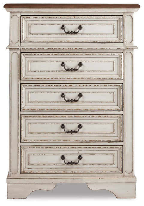Realyn Upholstered Panel Bed, Dresser, Mirror, Chest and 2 Nightstands
