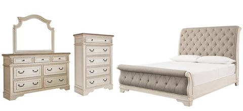 Realyn Sleigh Bed with Mirrored Dresser and 2 Nightstands