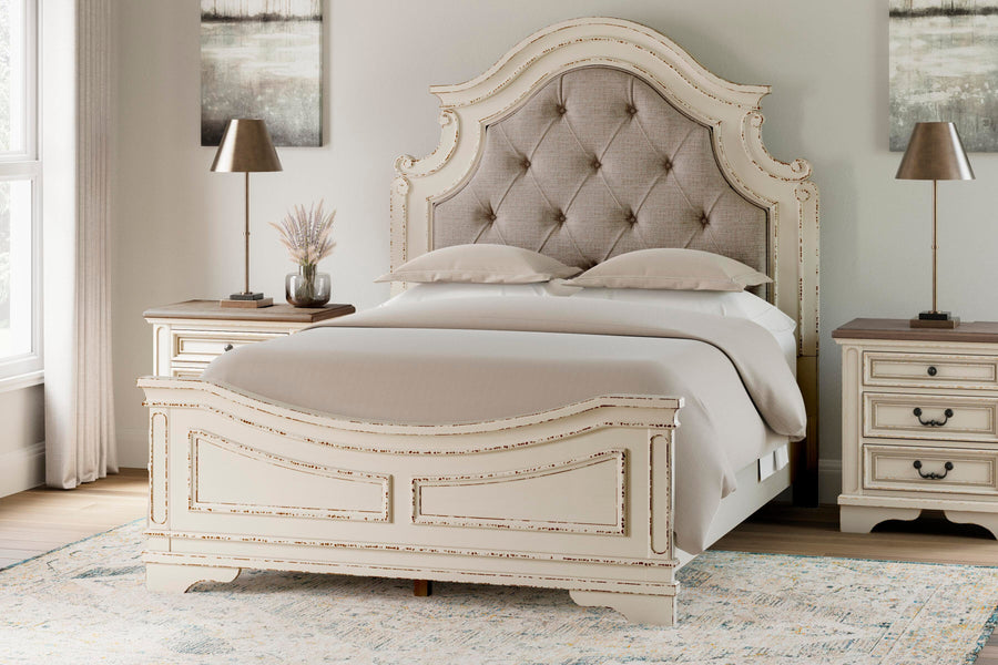 Realyn Upholstered Panel Bed and 2 Nightstands