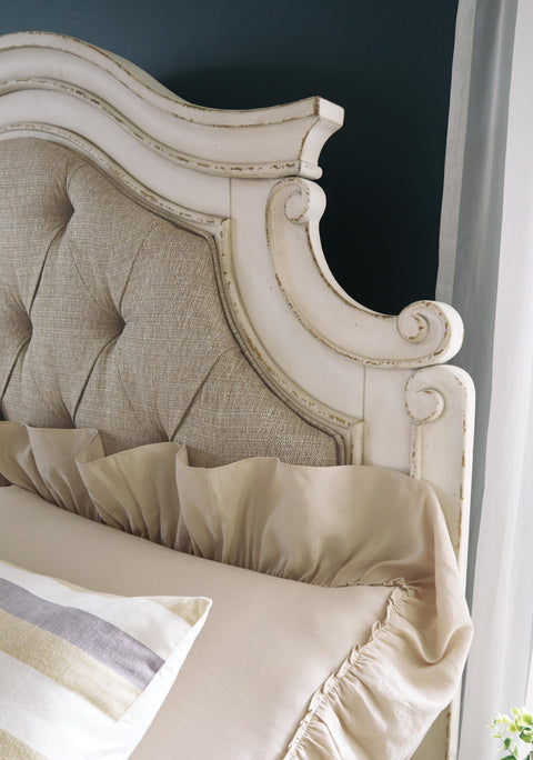 Realyn Upholstered Panel Bed, Dresser, Mirror and Nightstand