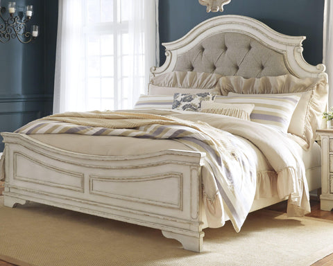 Realyn Upholstered Panel Bed, Dresser, Mirror, Chest and 2 Nightstands