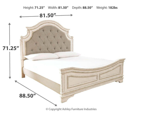 Realyn Upholstered Panel Bed, Dresser, Mirror, Chest and 2 Nightstands