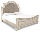Realyn Upholstered Panel Bed, Dresser, Mirror, Chest and 2 Nightstands