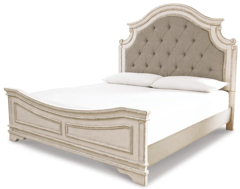 Realyn Upholstered Panel Bed with Mirrored Dresser, Chest and 2 Nightstands