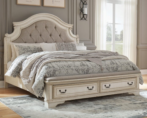 Realyn Upholstered Panel Bed, Dresser, Mirror and Nightstand