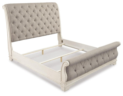 Realyn Upholstered Sleigh Bed, Dresser, Mirror and 2 Nightstands