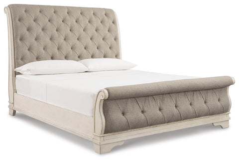 Realyn Upholstered Sleigh Bed, Dresser, Mirror and 2 Nightstands