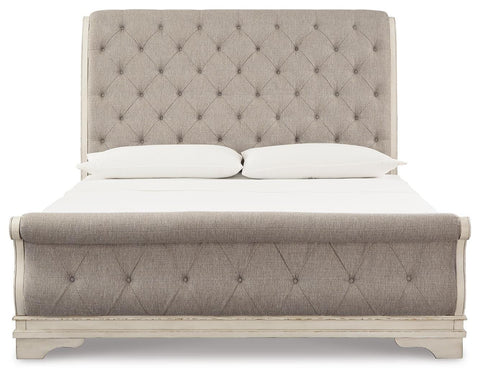Realyn Upholstered Sleigh Bed, Dresser, Mirror and 2 Nightstands