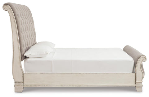 Realyn Upholstered Sleigh Bed, Dresser and Nightstand