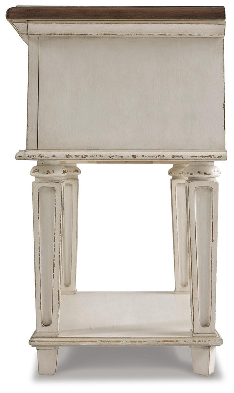 Realyn Upholstered Sleigh Bed, Dresser and Nightstand