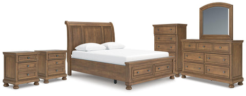 Feddinger Storage Sleigh Bed with Mirrored Dresser, Chest and 2 Nightstands